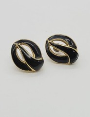 NAPIER Earrings Black & Gold Tone signed Pierced Vintage enamel .75 in
