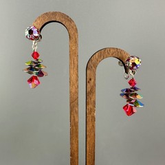 Vintage AB Rhinestone Disco Earrings Dangle Drop Multicolor Discs Clip On Galaxy