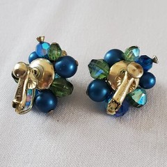Vtg VENDOME Gold Faux Pearls Blue Glass Balls Beads Clip On Earrings