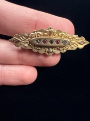 Antique Etruscan English 9k Yellow Gold & Rose Cut Diamond Mourning Brooch/Pin