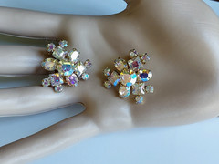 Weiss Aurora Borealis Earrings Prong Set Crystal Vintage Clip On Pair