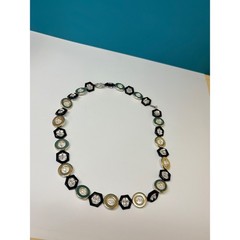 Vintage Geometric Black Gold Turquoise Hexagon Round Necklace 22″
