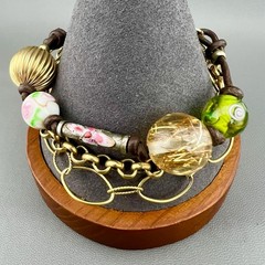 Vintage Chunky Bracelet Art Glass Wedding Cake Multi Chain Leather Gold Tone 6.5