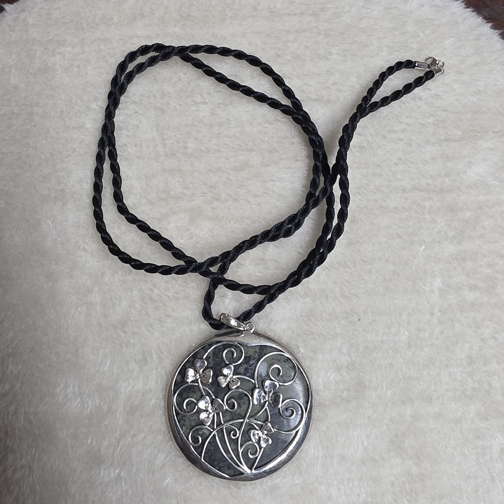 Large 2 Inch Sterling Silver Genuine Connemara Marble Shamrock Pendant