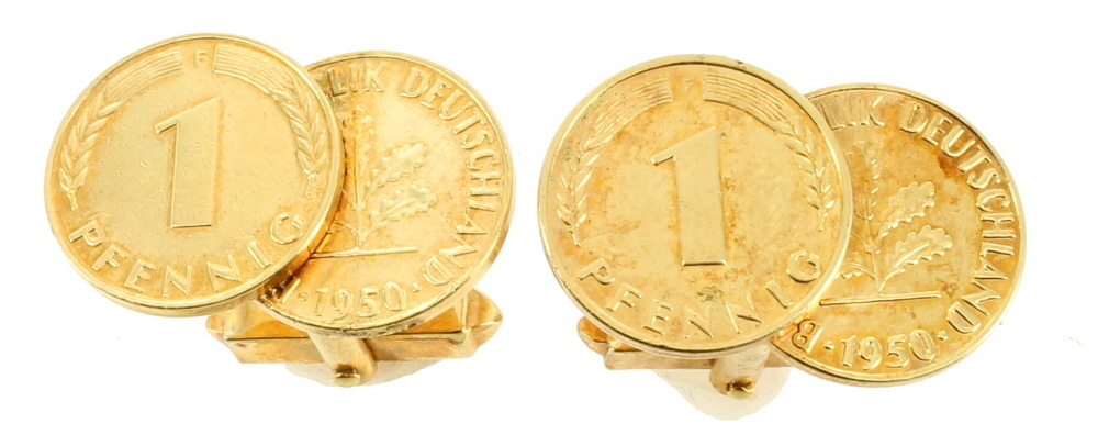 Vintage Gold Tone Double Coin Deutschland Pfennig Swivel Attach Cufflinks
