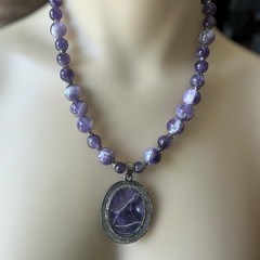 VTG Artisan Beaded Pendant Necklace 18 Inch Purple Amethyst Quartz Silver Plated