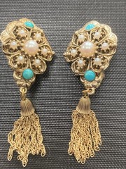 Vintage Victorian Revival Necklace Earrings Faux Pearl turquoise Festoon Tassel