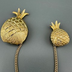 Vintage BSK Pineapple Brooch Double Pin Gold Tone Figural Connected 5″ Chain