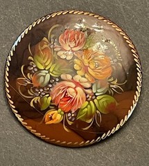 Russian Floral Brooch Hand Painted made in USSR Brown Autumnal Flower VTG Pin