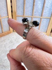 Vintage Silver Tone Adjustable Ring Clear Crystals Black Faceted Round Beads 7″