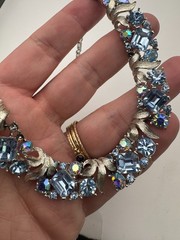 Vintage Lisner Necklace Blue Aurora Borealis AB Rhinestone Leaf Choker READ