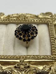 Vintage Black Rhinestone Dome Cocktail Ring Adjustable Size 6.5 Gold Tone