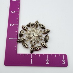 Vintage Brooch Red Pink Magenta Marquise Rhinestone Starburst Filigree Pin 2.5″