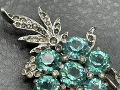 REJA Sterling Pave Rhinestone Unfoiled Faux Aquamarine Chatons Spray Flower Pin