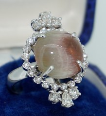 Unusual Cat’s eye Watermelon Tourmaline & Diamond 14K Ring