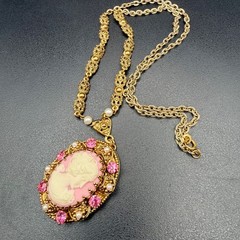 Vintage West Germany Pink Cameo Necklace Exceptional Brass Filigree 1960s