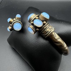 Vintage Brass Open Bangle Cuff Bracelet Blue Opalite Cabochons Boho Tribal