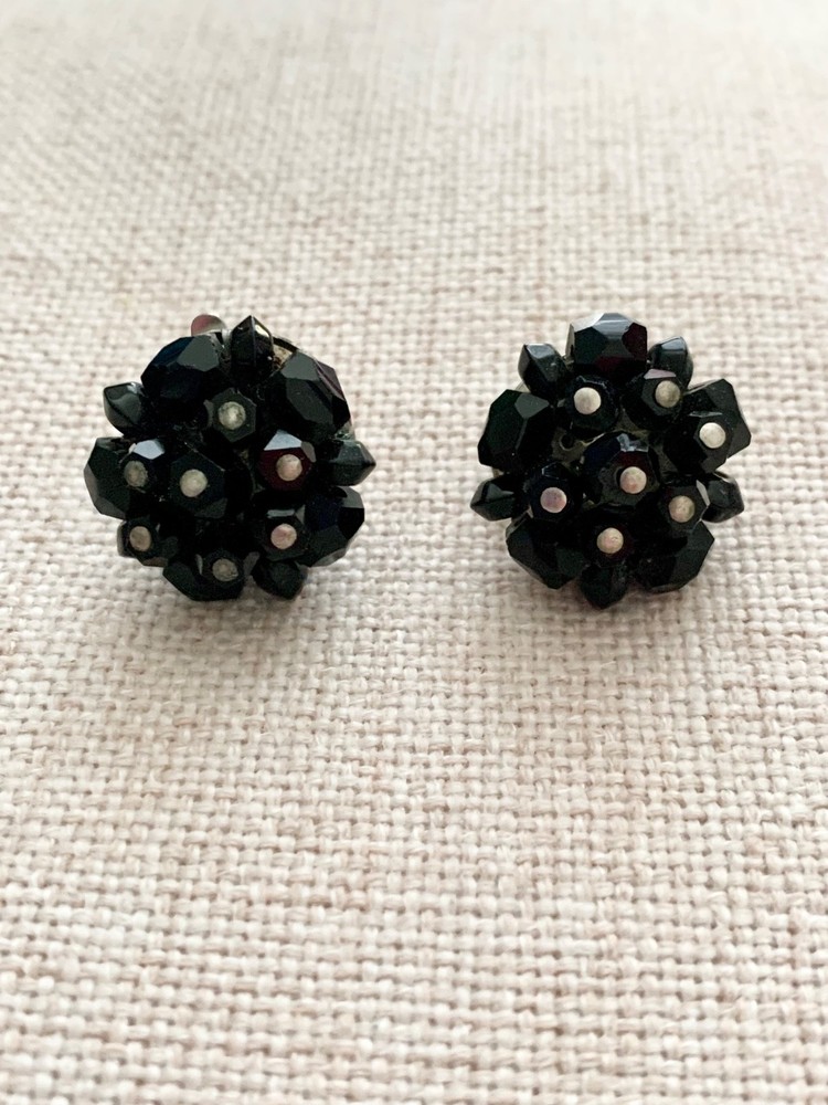 Vtg 950s Marked Japan Jet-Black Beaded Cluster Clip-On Earrings, MCM *Estate