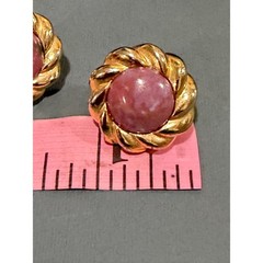 Earrings Pink Glass Cabochon Gold Tone Vintage Twisted Rope Border Clip On Post