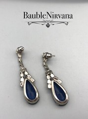 Vintage Prong Set Rhinestones&Teardrop Dark Sapphire Blue Glass Dangle Earrings