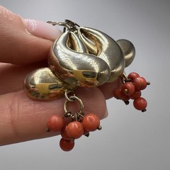 Old Vintage Gilt Silver 800 Women Jewelry Drop Earrings Natural Red Coral Stone