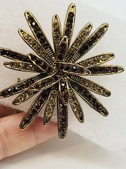 Vintage Autumn Mum Flower Pin Brooch Floral Gold Brown Crystals Fall Starburst
