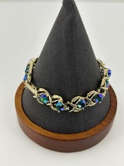 Vintage Iridescent Blue Peacock Oil Slick Rhinestones Gold Tone Bracelet Size 7