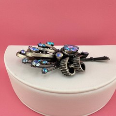 Vintage Rhinestone Brooch Aqua Blue Aurora Borealis Floral Bouquet Pot Metal?