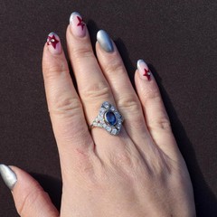 Art Deco Style Lab Created Diamond & Sapphire Engagement 14K White Gold FN Ring