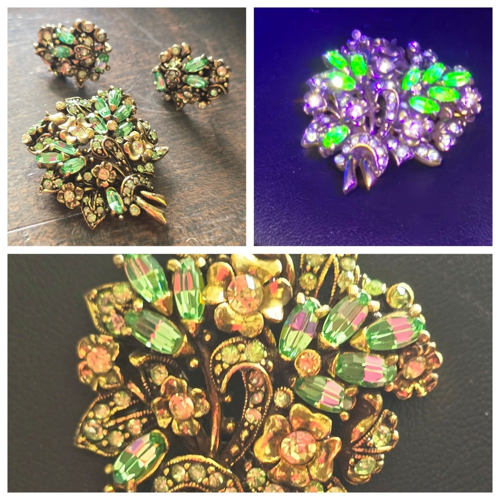 Vtg Set Hollycraft Uranium 1950’s Green Rhinestone Brooch Earrings *Glows UV