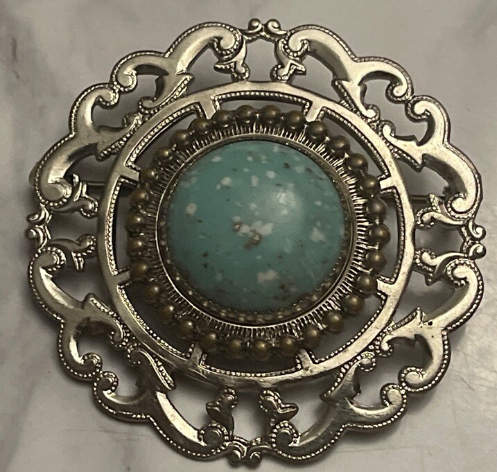 Vintage Gold Tone Blue Cabochon Brooch Pin JMS-60