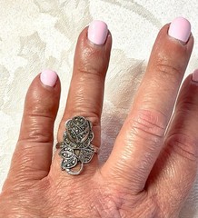 C&C Rhodium Electroplate Clark & Coombs Art Deco Marcasite Rose Flower Ring VTG