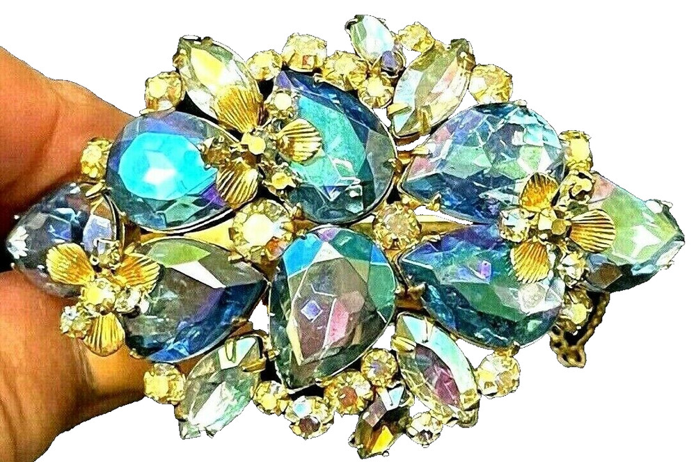 RARE Alice Caviness Iridescent Peacock Blue Rhinestone Statement Cuff Bracelet!