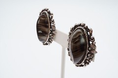 Vintage Clip On Earrings Silver Tone Molded Stone