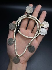 Vintage White Howlite Beaded Coin Necklace, Tribal Boho Necklace, Ethnic Coin