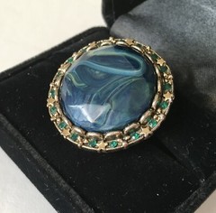 Vintage Large Blue Cabochon Brass Ring W Stars Green Rhinestones