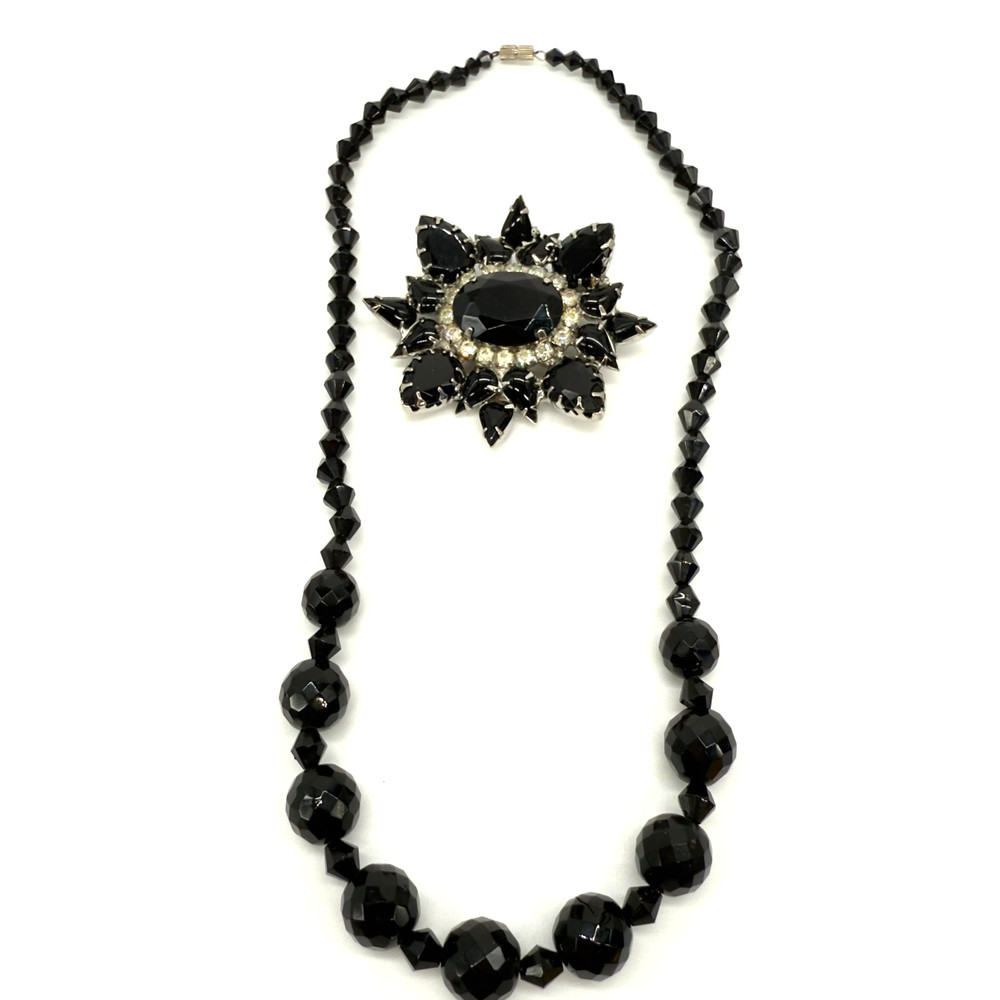 Vintage Brooch Necklace Set Black Glass Clear Rhinestones