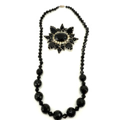 Vintage Brooch Necklace Set Black Glass Clear Rhinestones