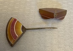 Vintage Art Deco Amber Celluloid Jabot Pin Layered Laminated Double Sided Brooch