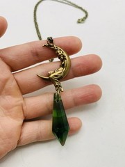 Vintage Art Nouveau Style Bronze Crescent Moon Goddess Green Drop-down Necklace