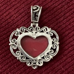 Antique 925 Silver Scrollwork Red Enamel Cabochon Heart Pendant — See Pics!