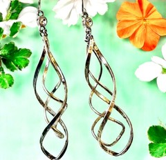 Vintage Earrings Spiral Twist Long Drop Rhinestone French Wire Silver Tone