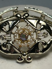 Vintage Aurora Borealis Pink Rhinestone Bracelet Gold Tone Ornate Open Work MCM