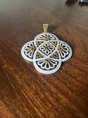 Large Signed CROWN TRIFARI Vtg White ENAMEL flower fans swirl Gold-tone PENDANT