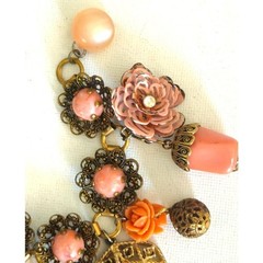 VTG Assemblage Charm Bracelet Pink Floral OOAK Upcycled Statement Jewelry 7.5″