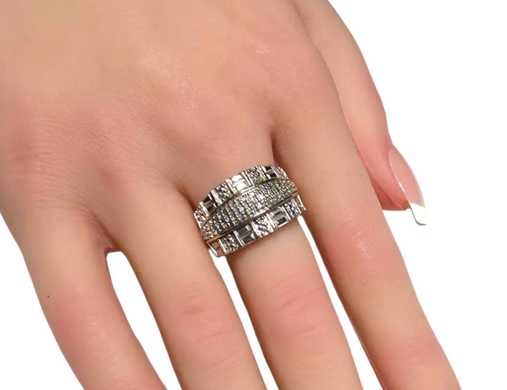 Sterling Silver 925 Wide Band Ring Baguette CZ Crystals Pavé Art Deco…