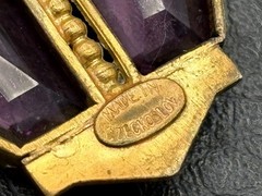 Vintage Art Deco Faux Amethyst Glass Gold Tone Ornate Chain Statement Necklace