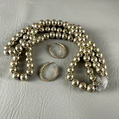Vintage Monet Necklace & Earrings Set Double Strand Gold Tone Bead Hoop
