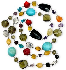Vintage BOHO STATEMENT Necklace Multi Gemstones MOP Turquoise Etc 41” Fabulous!