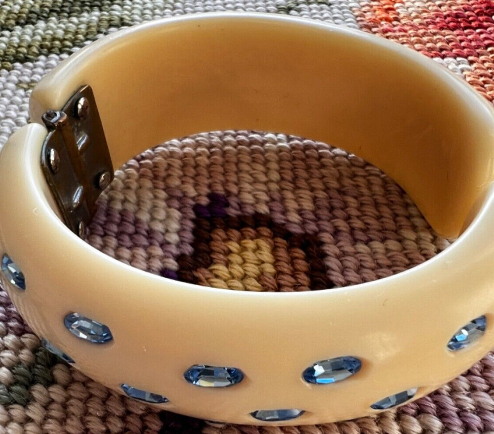 Art Deco Unbranded Celluoid Clamper Bracelet 14 Blue Rhinestones~Ivory Color